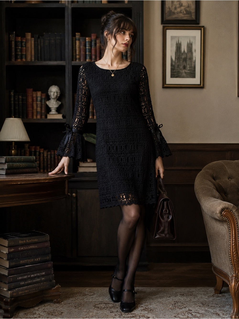 Black Crochet Lace Bell Sleeve Autumn Wedding guest Dress Size 4 Boho Midi